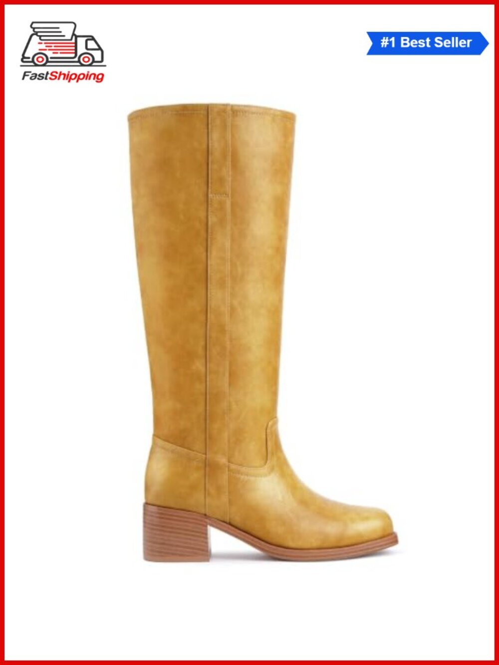 Women's Faux Leather Knee High Boots Square Toe Chunky Block Heel Wide Calf